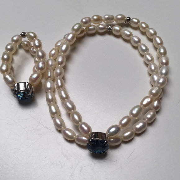 River Pearl set bracelet and ring with Swarovski blue crystals. - Picture 3 of 5